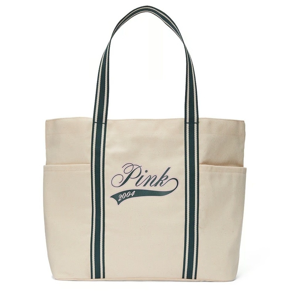 Victoria's Secret PINK Canvas Tote Bag Cream Green Striped 2004 Logo NWT